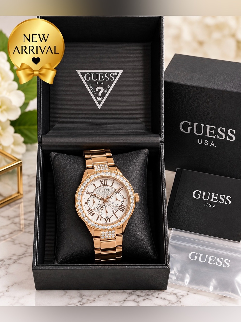 ⌚✨ GUESS Rose Gold-Tone Crystal Chronograph Watch ⌚️